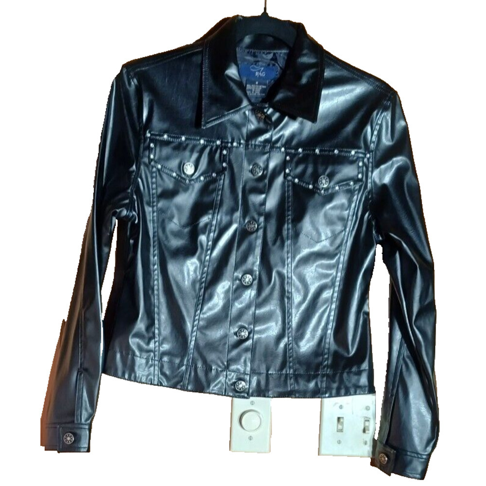 RAG Faux Leather Motorcycle Jacket and Pants with Rhinestones Women's size 9